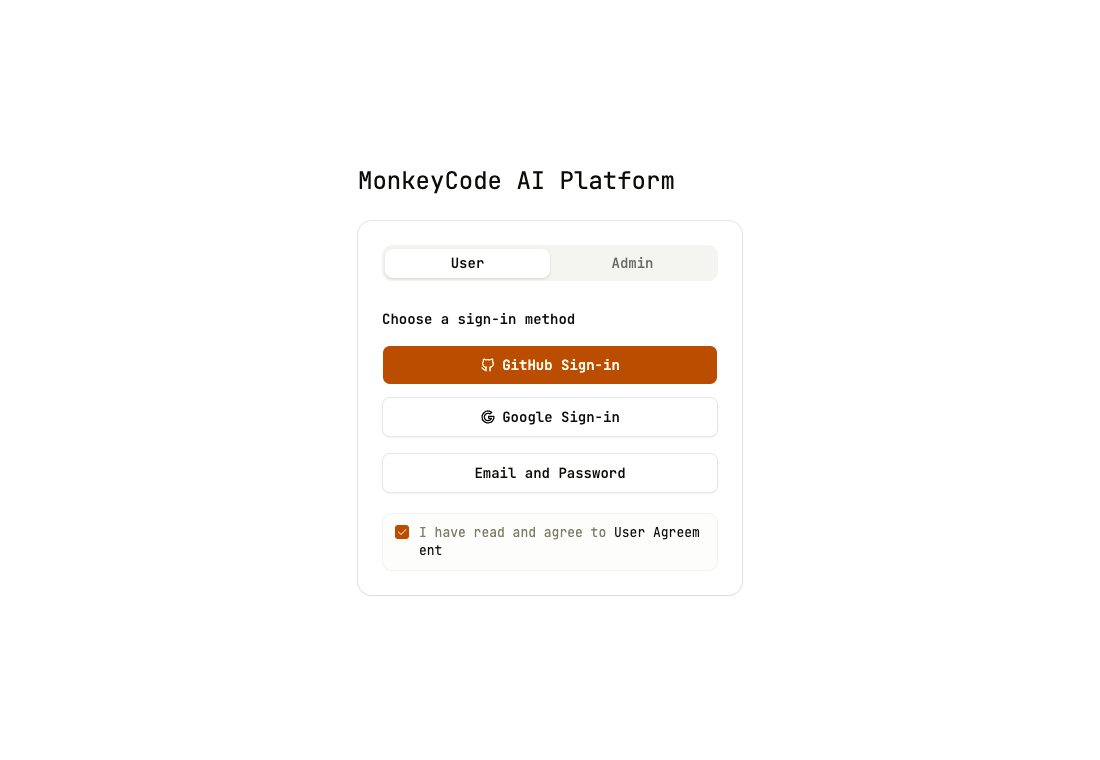 English MonkeyCode sign-in screen showing the regular-user tab and GitHub, Google and password buttons.